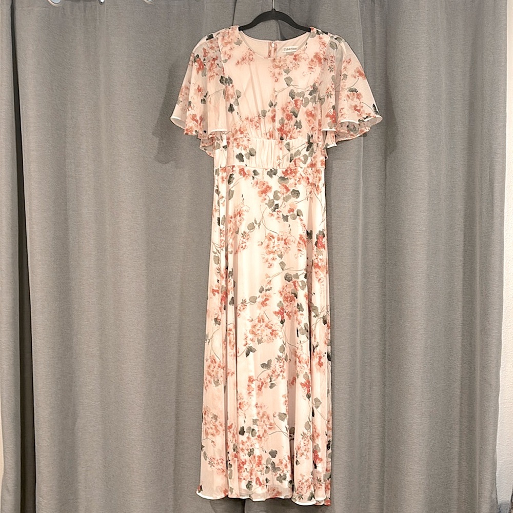 Calvin Klein Women's Blush and Gray Floral-Print Cape-Back Maxi Dress size 6
